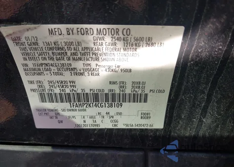 2012 Ford Taurus Sho from USA, damaged, VIN 1FAHP2KT4CG138109